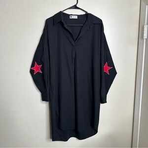 Caryn Lawn Preppy Star Black Tunic Dress with Red Star Accents OSFM One‎ Size